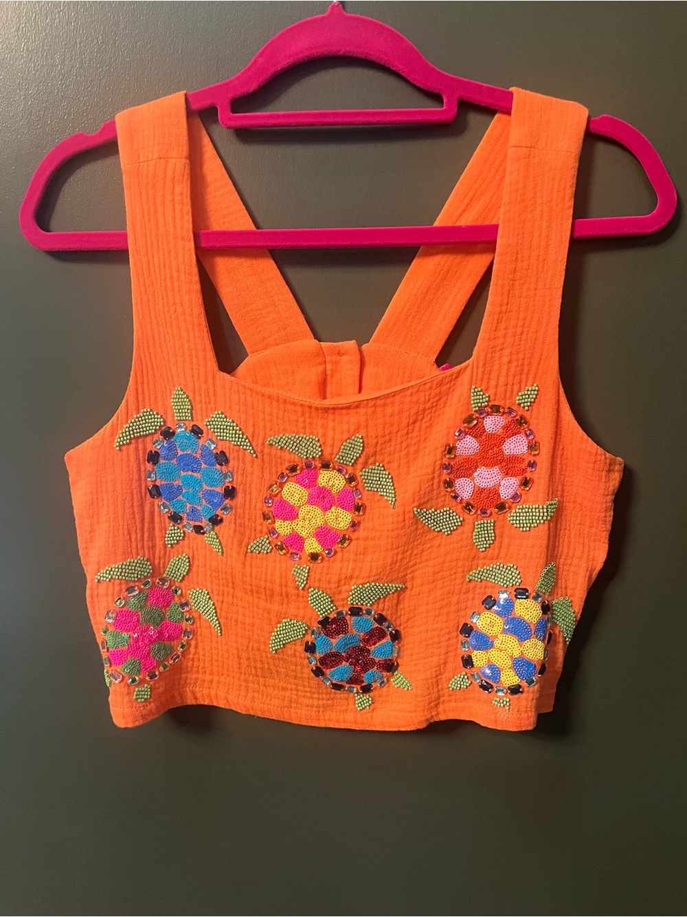 QUEEN OF SPARKLES Orange Turtle Embroidered Cropped Tank